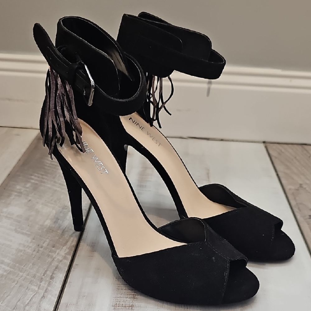 Nine West D'Orsay peep-toe heels with ankle straps and tasseled accents